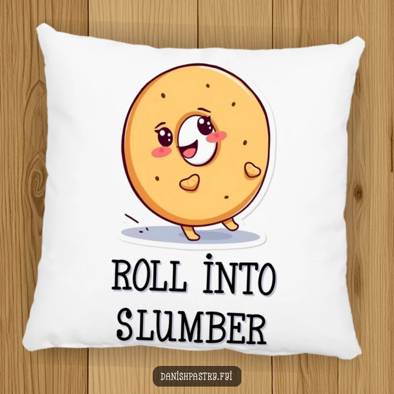 Funny bagel pillow, a smiling character determinedly waddling uphill, offering comfort and humorous motivation.