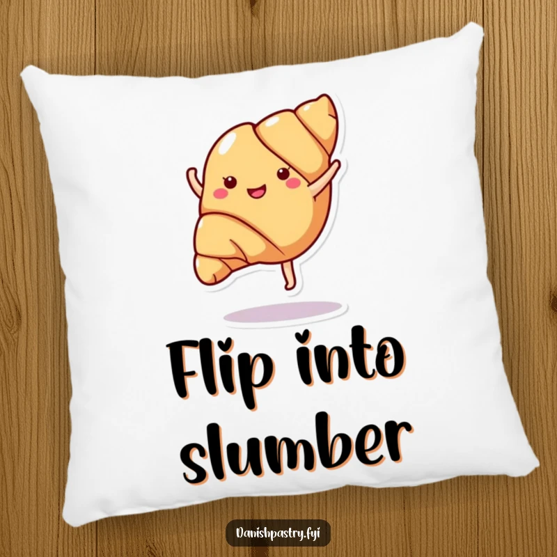 Funny croissant in a cartwheeling pose, depicted on a soft pillow, bringing comfort and humor to any seating area.