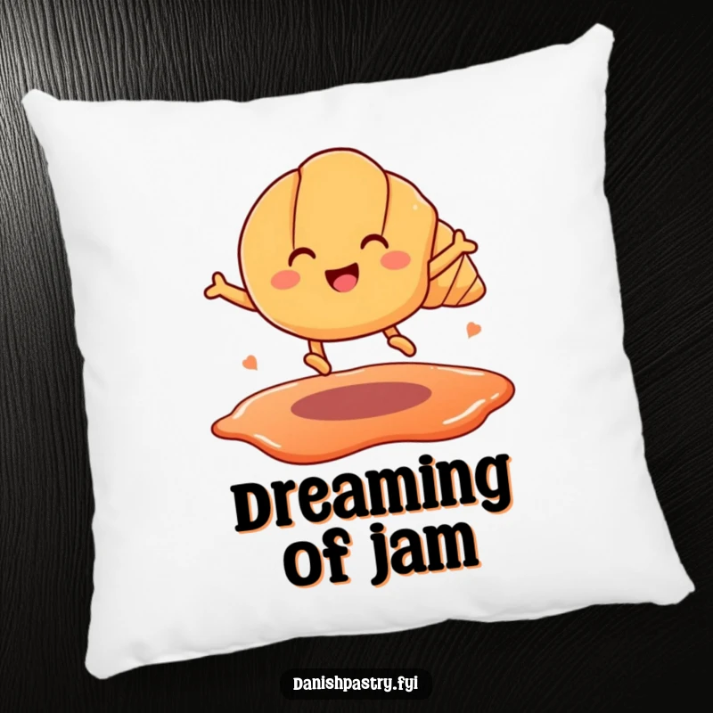 Funny pillow with a smiling croissant on legs, leaping over a jam puddle. Soft, plush, and humor-filled pastry decor.