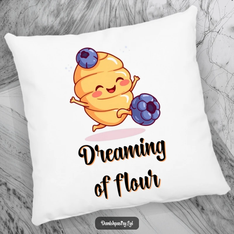 Funny Pillow: A smiling croissant with tiny legs playfully kicks a blueberry, adding a touch of comedic comfort.