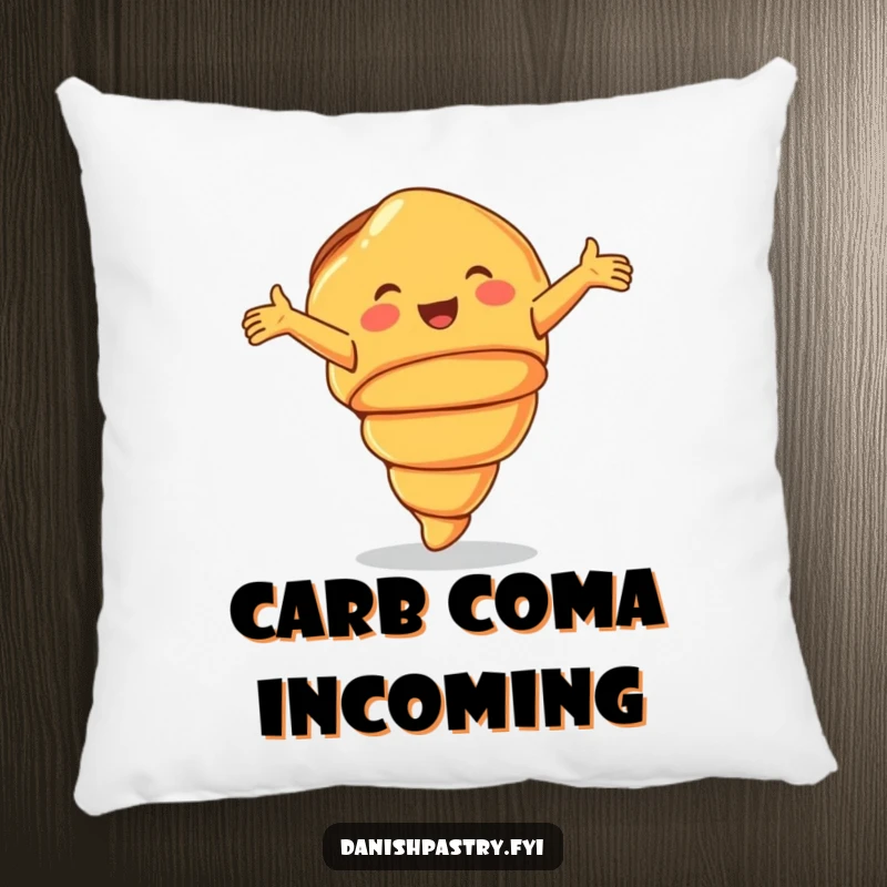Funny Pillow featuring a smiling croissant doing a joyful cartwheel, for soft, humorous comfort.