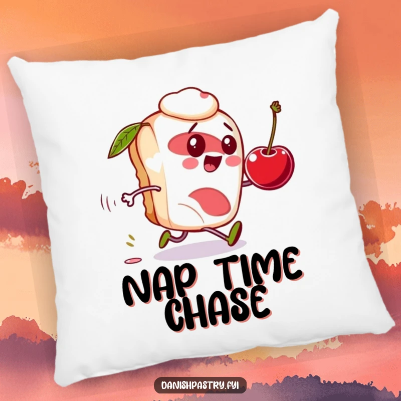 Funny Danish pastry pillow, character comically chasing a rolling cherry, soft and humorous home decor.