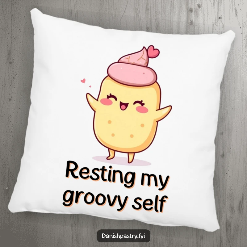 Funny decorative pillow featuring a giddy scone character doing a little shimmy, offering comfort and a touch of baking-themed amusement.