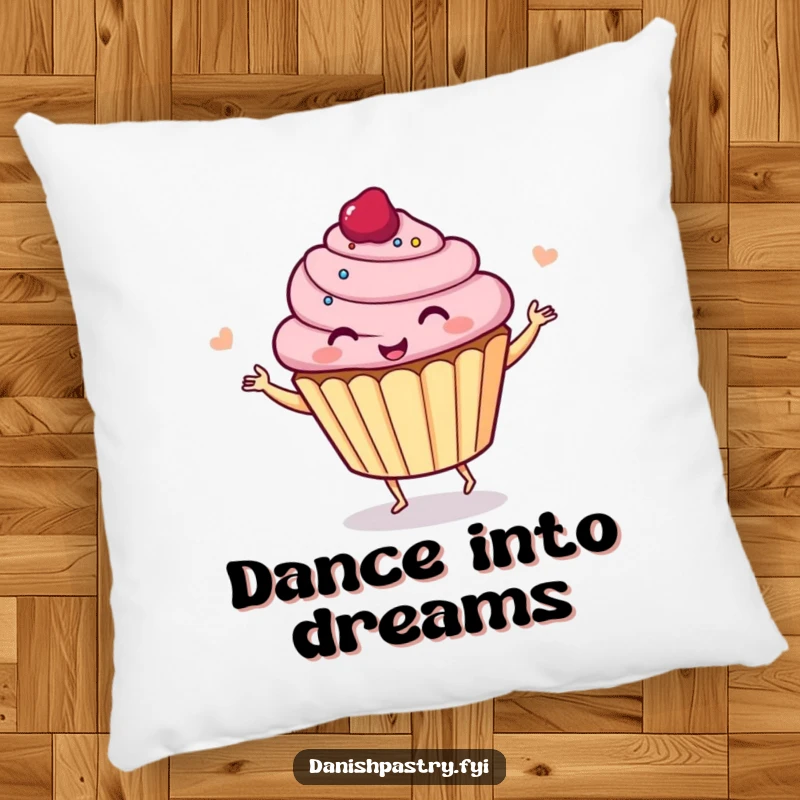 Funny cupcake dancing with a giggle, depicted on a soft pillow, bringing comfort and humor to any seating area.