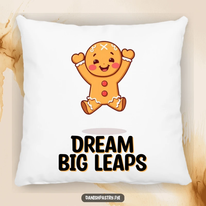 Funny gingerbread person doing a celebratory leap, a soft and hilarious dessert throw pillow.