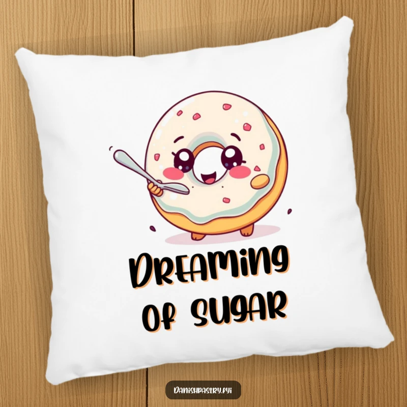 Funny Pillow: A delighted jelly donut with sparkling eyes comically pursues a tiny spoon, a soft and humorous accent for any couch.