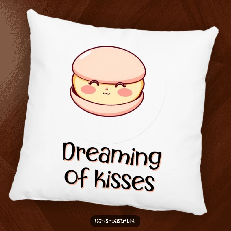 Funny pillow featuring a happy macaron with rosy cheeks, blowing a kiss, perfect for adding sweet and humorous comfort.