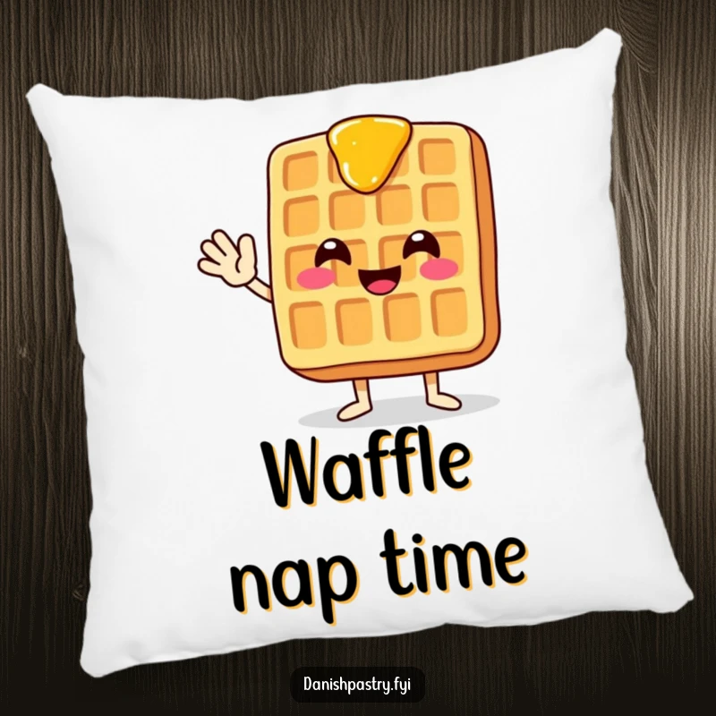 Funny and soft pillow featuring a smiling waffle with dripping syrup, waving enthusiastically, offering comfort and humor.