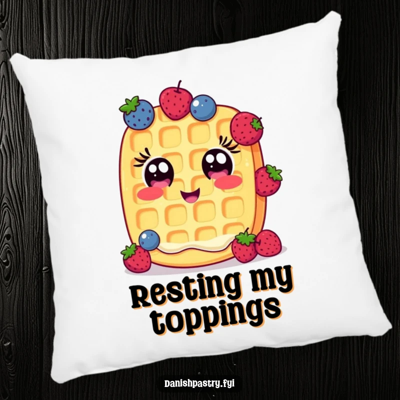 Funny Pillow: A cheerful waffle with wide eyes comically juggles small berries, a soft and humorous accent for any couch.
