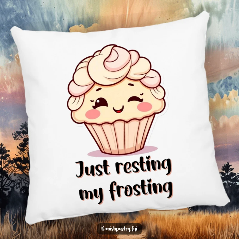 Funny pillow featuring a cheerful cupcake with detailed frosting hair, giving a playful wink, perfect for cozy humorous decor.