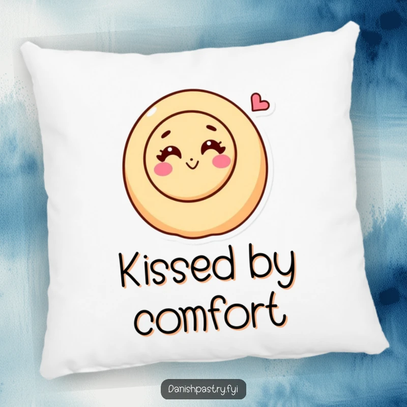 Funny cinnamon roll character with a happy swirl blowing a kiss on a soft pillow, promoting sweet comfort.