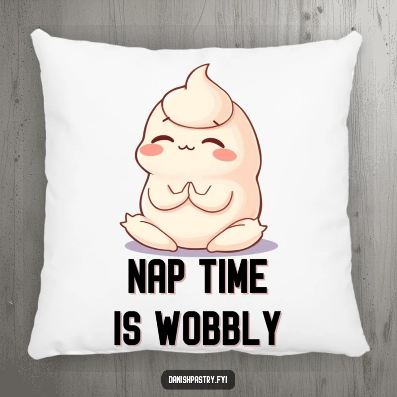 Funny and soft pillow featuring a wobbly panna cotta in a silly yoga pose with concentration, offering comfort and humor.