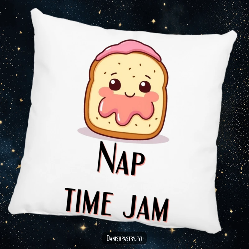 Funny Pillow showing a smiling scone character with jam, blushing and waving shyly, promoting cozy humor.