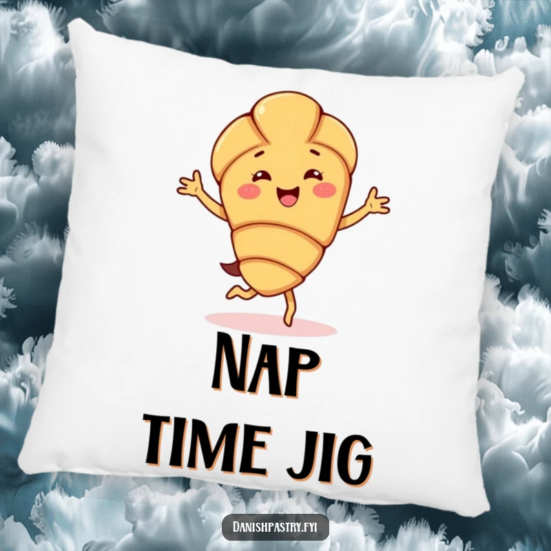 Funny almond croissant character pillow, doing a happy jig, offering a soft and cozy touch of pastry-themed humor and delight.
