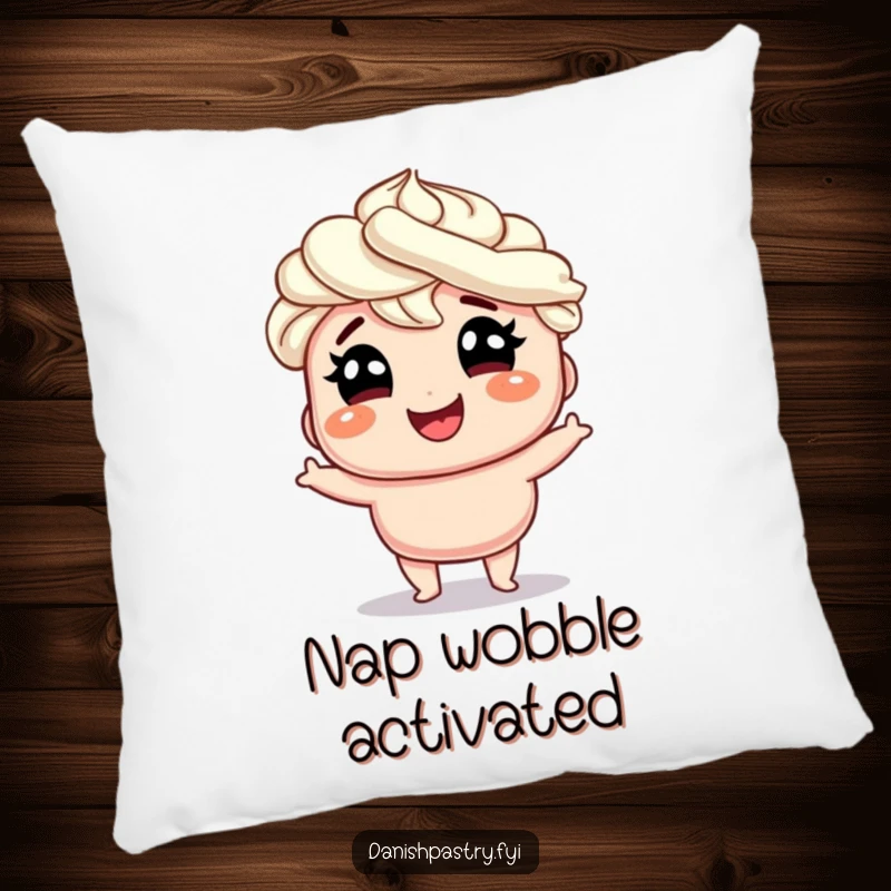 Funny smiling Danish with whipped cream hair doing a silly wobble with glee, a plush and humorous pillow for ultimate comfort.