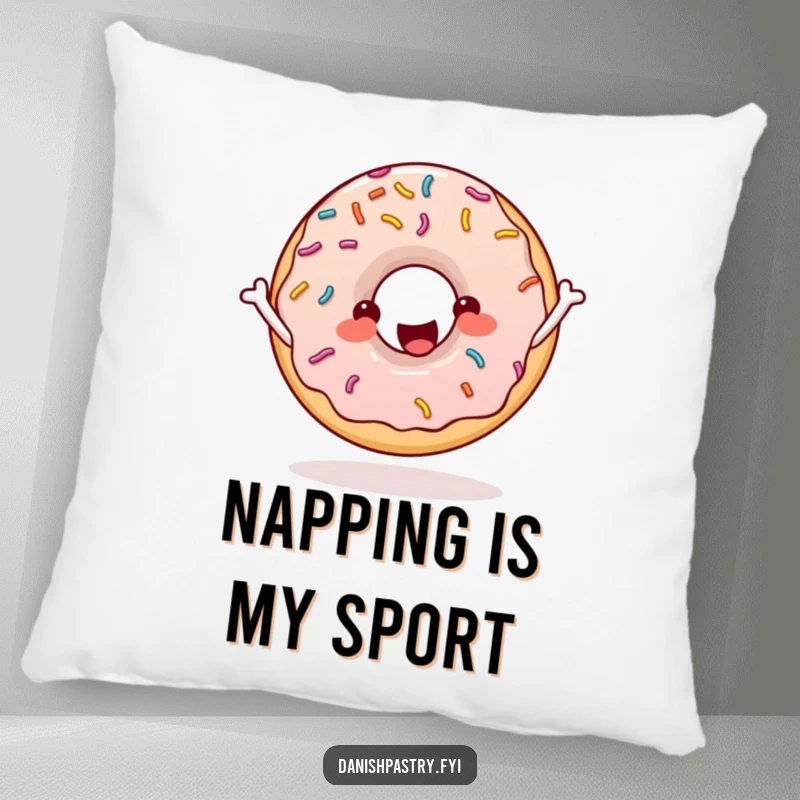Funny donut with sprinkles skipping rope enthusiastically, a soft and comfortable decorative pillow with a cheerful design.