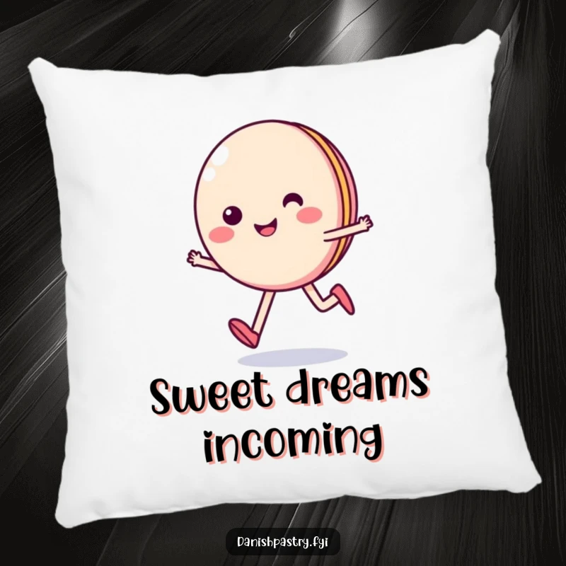 Funny decorative pillow featuring a smiling macaron character skipping happily, offering comfort and a touch of sweet, delightful amusement.