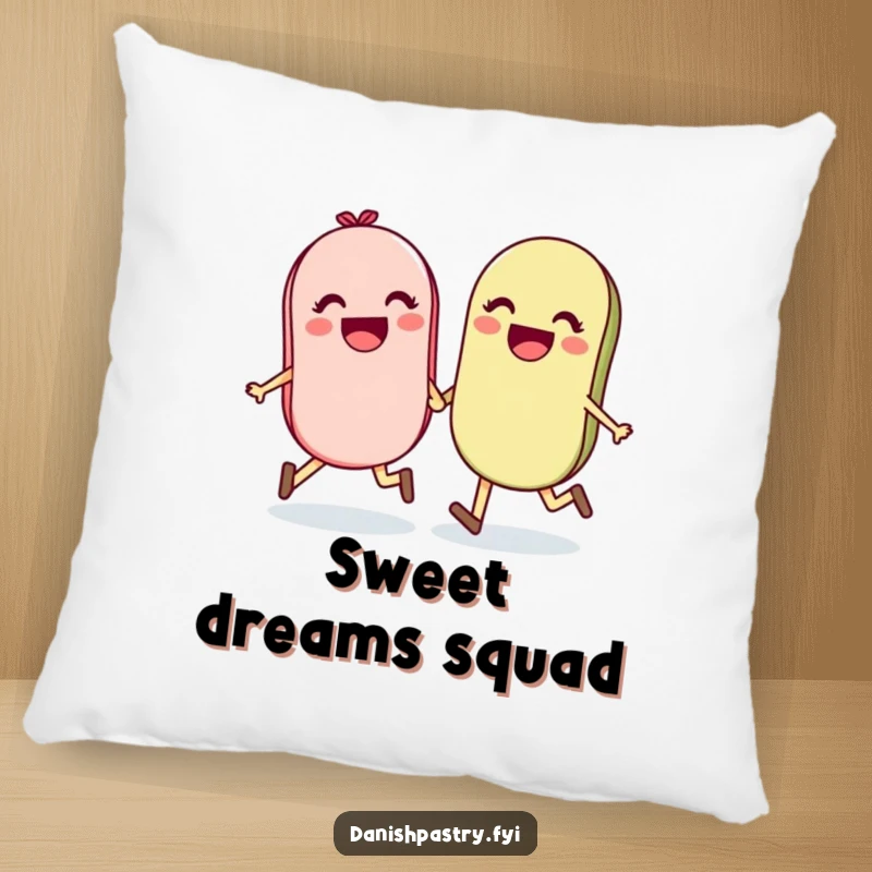 Funny and soft pillow featuring a delighted pair of macarons holding hands and skipping, bringing comfort and cheerful vibes.