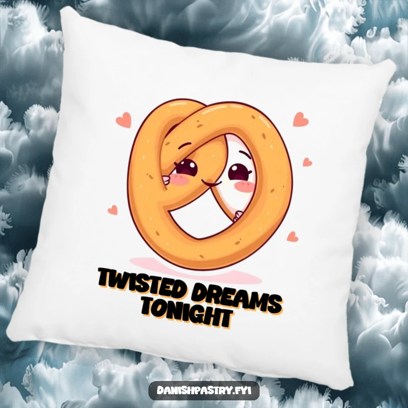 Funny decorative pillow featuring a happy pretzel character twisting playfully, offering comfort and a touch of snack-themed amusement.