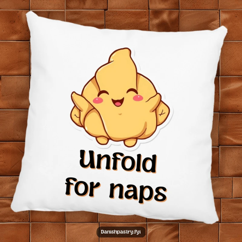 Funny croissant pillow, a happy pastry character joyfully unfolding its flaky layers, providing comfort and cheerful decor.