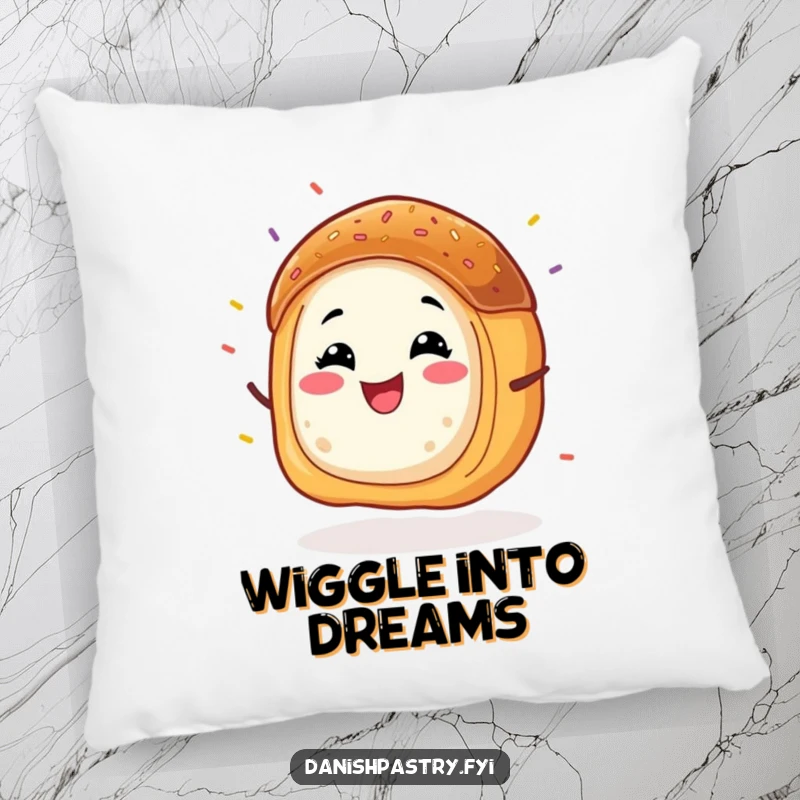 Funny Danish pastry pillow, a grinning character energetically wiggling with sprinkles flying, adding soft, cheerful comfort.