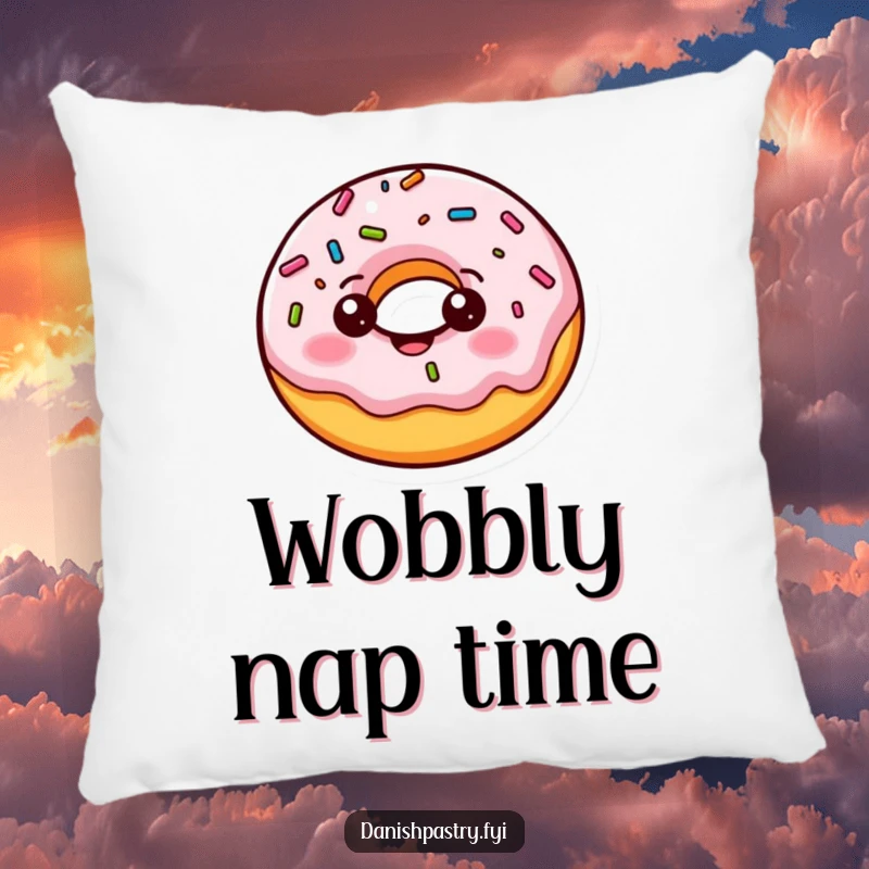 Funny donut pillow, a cheerful character playfully bouncing with wobbling sprinkles, offering comfort and cheerful decor.