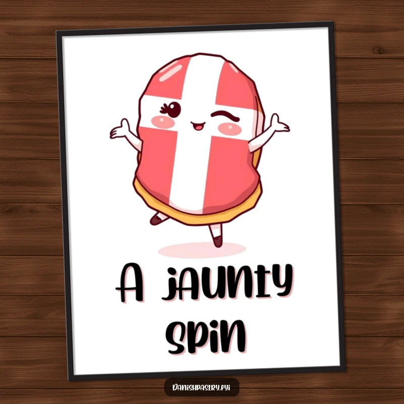 Funny Danish Flag Pastry Pirouette Digital Art Print: a winking pastry doing a pirouette, offering instant humorous decor.