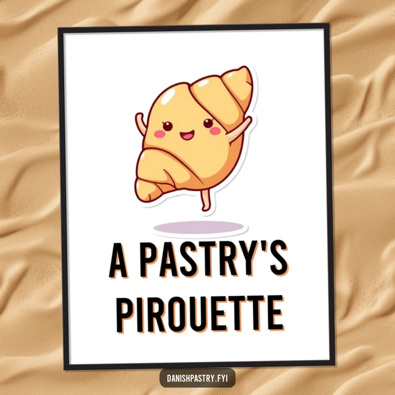 Funny croissant in a cartwheeling motion, vibrant digital art print, instantly downloadable for cheerful and playful wall decor.