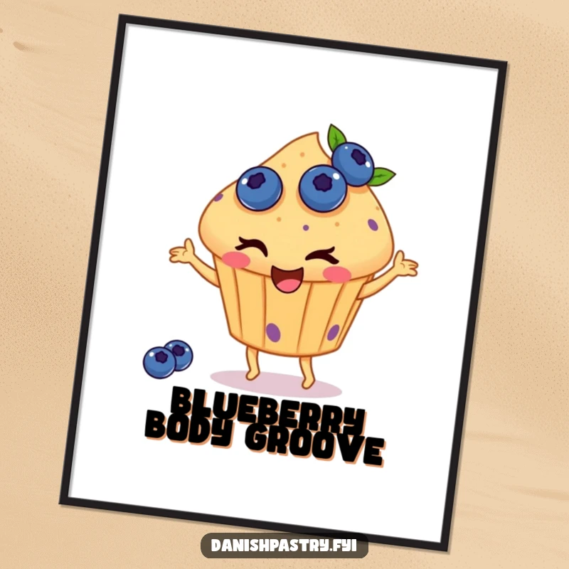 Funny digital art print of a winking muffin with blueberries, happily dancing, offering instant sweet charm and a burst of whimsical, dessert-themed humor.