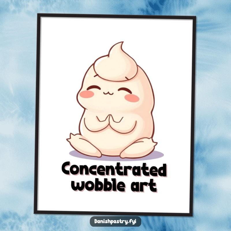 Funny digital art print of a wobbly panna cotta in a concentration-filled yoga pose, perfect for instant download.