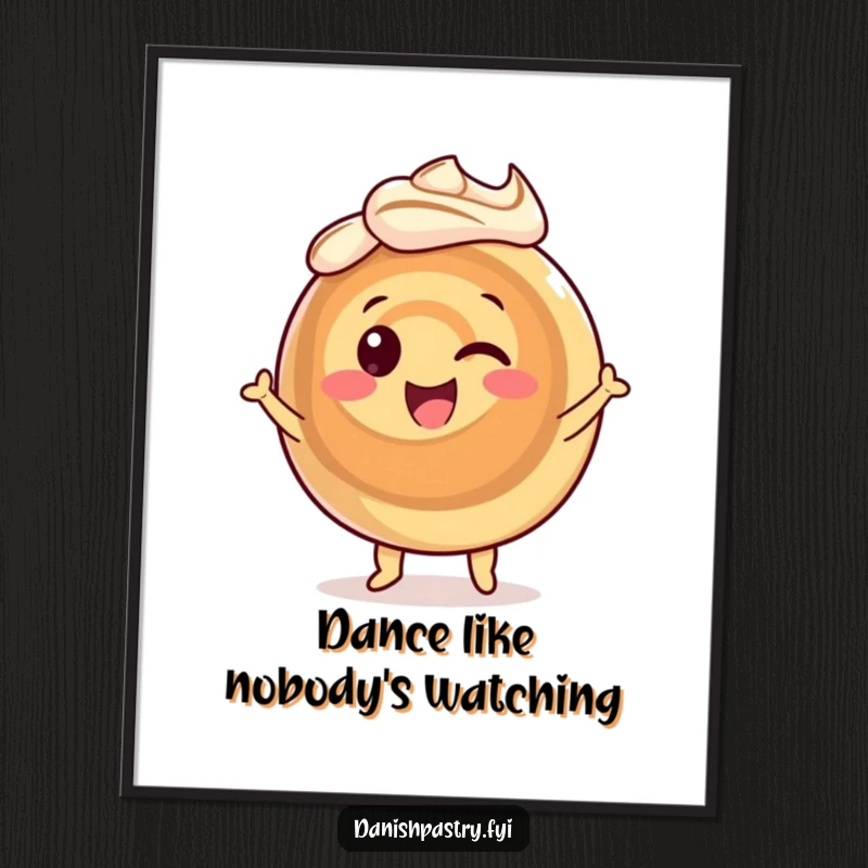 Funny cinnamon roll digital art print, a smiling pastry character dancing energetically with swirling icing, for instant cheerful decor.