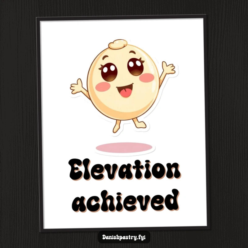 Funny Digital Art Print of a round pastry character with wide eyes, depicted in a spontaneous, joyous jump. High-resolution humorous artwork.