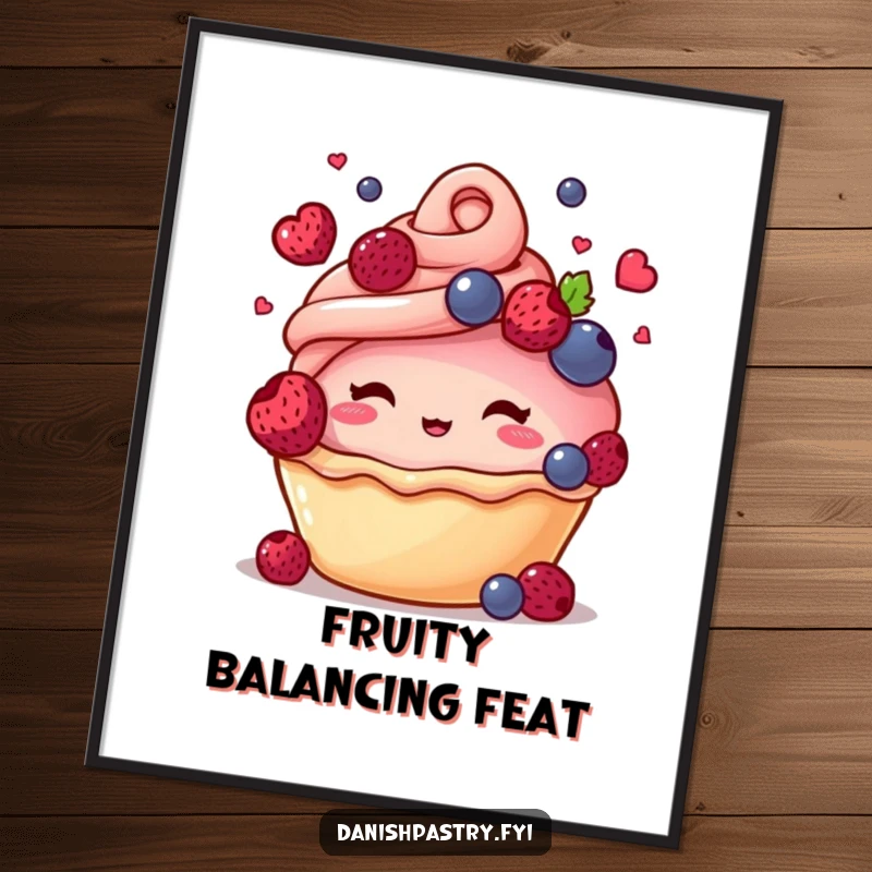 Funny digital art print of a blushing pastry character juggling berries, ready to bring humor and charm to any screen.