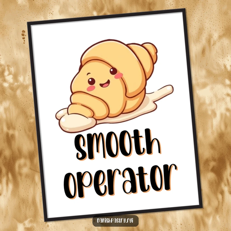 Funny Digital Art Print of a smiling croissant character playfully sliding down a streak of icing. High-resolution, sweet, and humorous artwork.