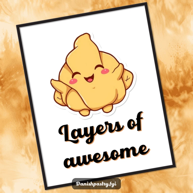 Funny croissant digital art print, a happy pastry character joyfully unfolding its flaky layers, for instant cheerful decor.