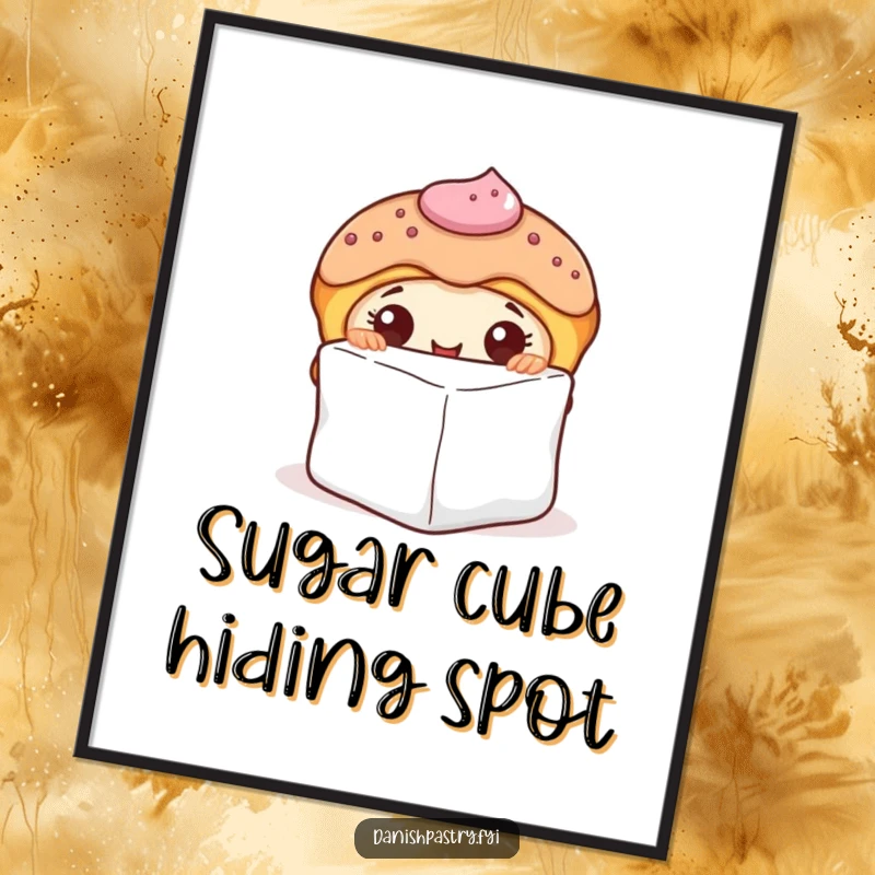 Funny digital art print of a curious Danish pastry peeking from behind a sugar cube, ready to add sweet humor.