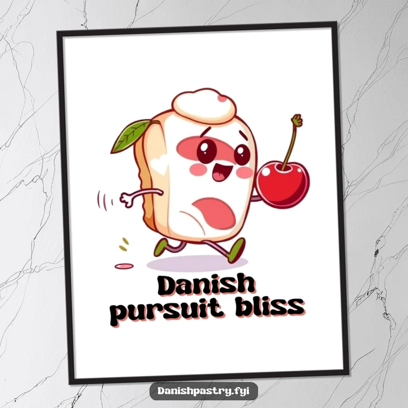 Funny Danish pastry digital art print, character comically chasing a rolling cherry, instant download for humorous decor.