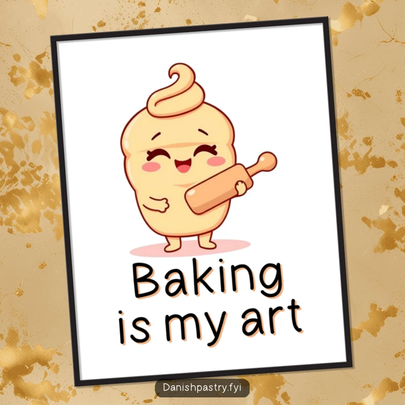 Funny Danish pastry character digital art print, winking while holding a rolling pin, delivering instant baking-themed humor and cheerful vibes digitally.