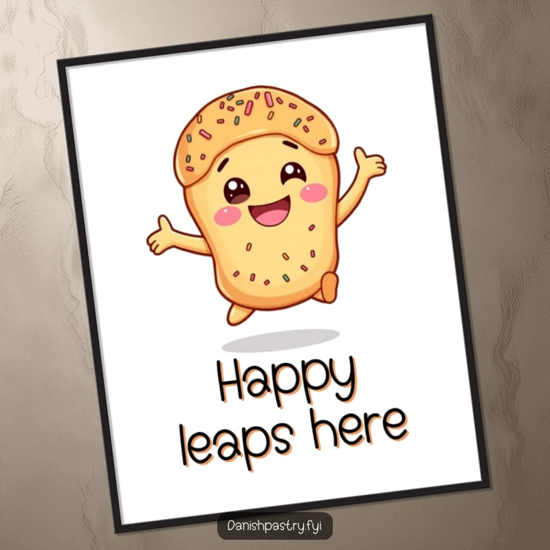 Funny Danish Pastry Leap Digital Art Print: a smiling, leaping pastry with sprinkles, offering instant humorous decor.