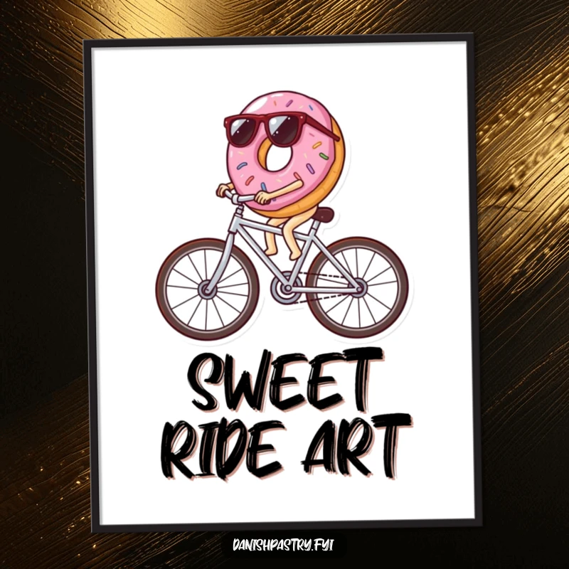 Funny donut wearing sunglasses riding a bicycle made of icing streaks, a high-resolution digital art print for humorous wall decor.