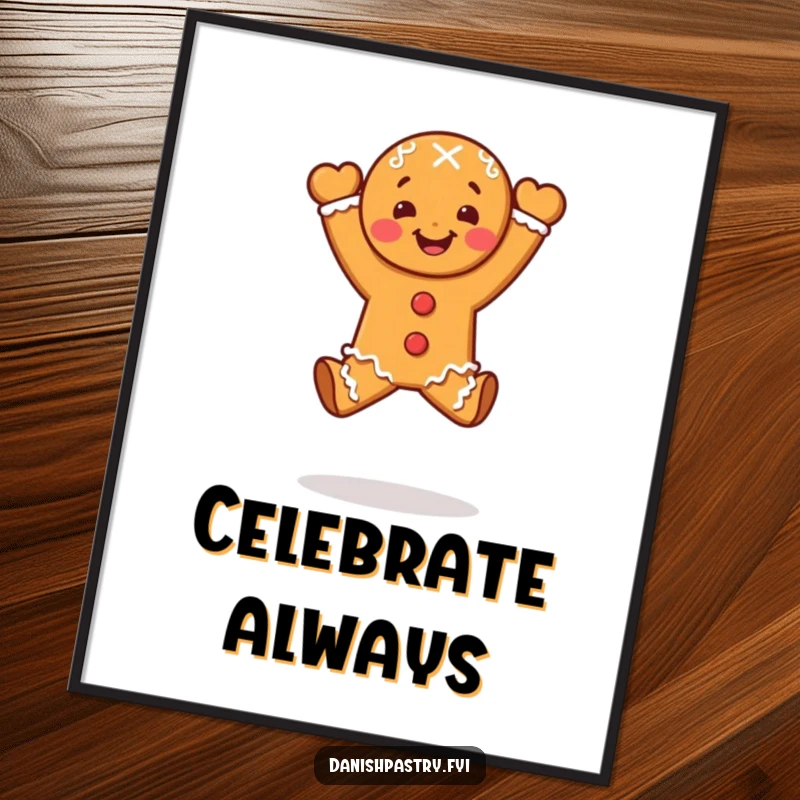 Funny gingerbread person doing a celebratory leap, as a hilarious dessert art print.