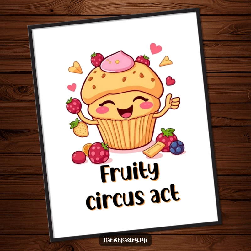 Funny Digital Art: A happy muffin with chips winks while juggling berries, perfect for adding instant sweet humor and charm.