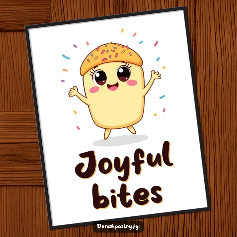 Funny pastry digital art print of a smiling pastry doing a happy dance under a sprinkle shower, perfect for cheerful decor.