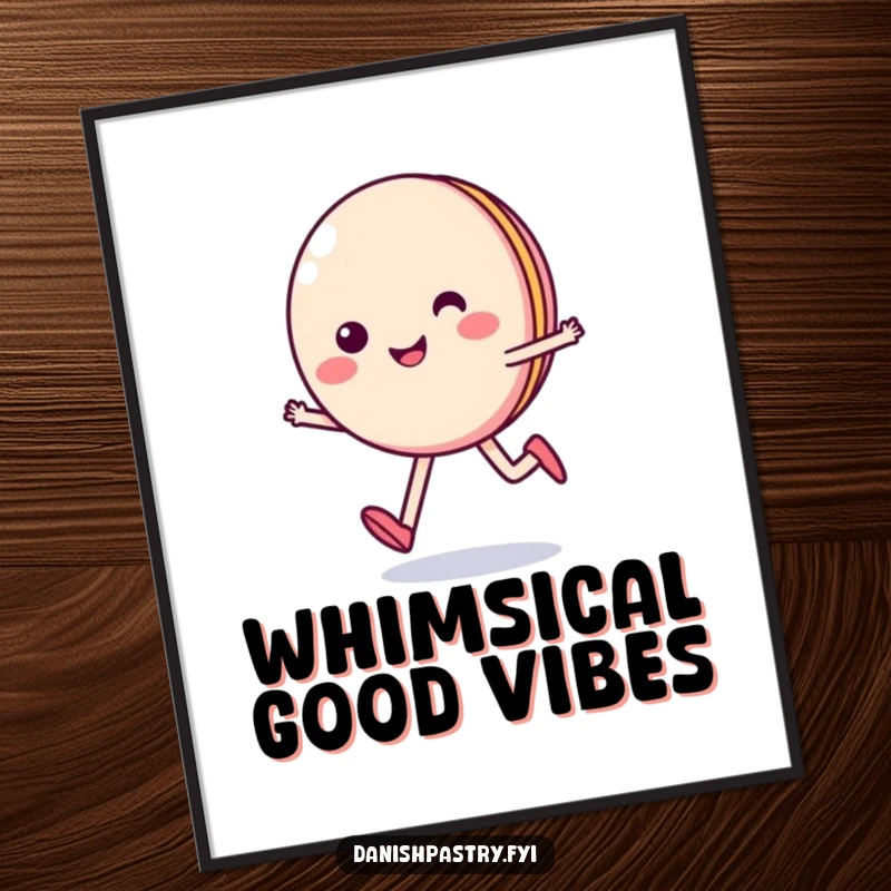 Funny digital art print of a smiling macaron character skipping happily, offering instant, sweet, and cheerful visual delight.