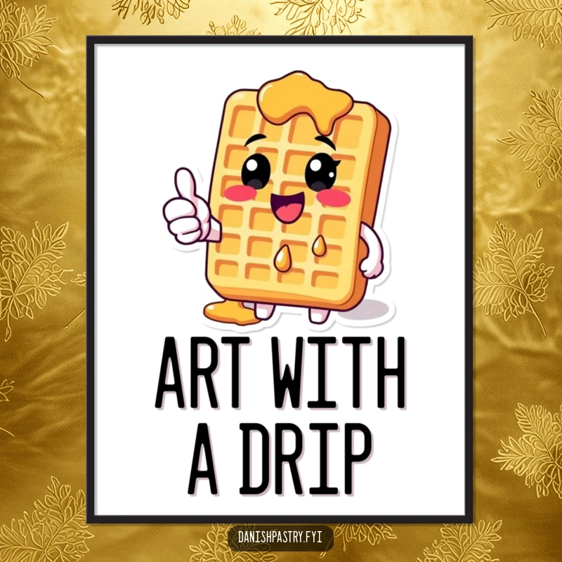 Funny Waffle Digital Art Print with dripping syrup giving a thumbs-up, a cheerful and humorous piece of breakfast decor.
