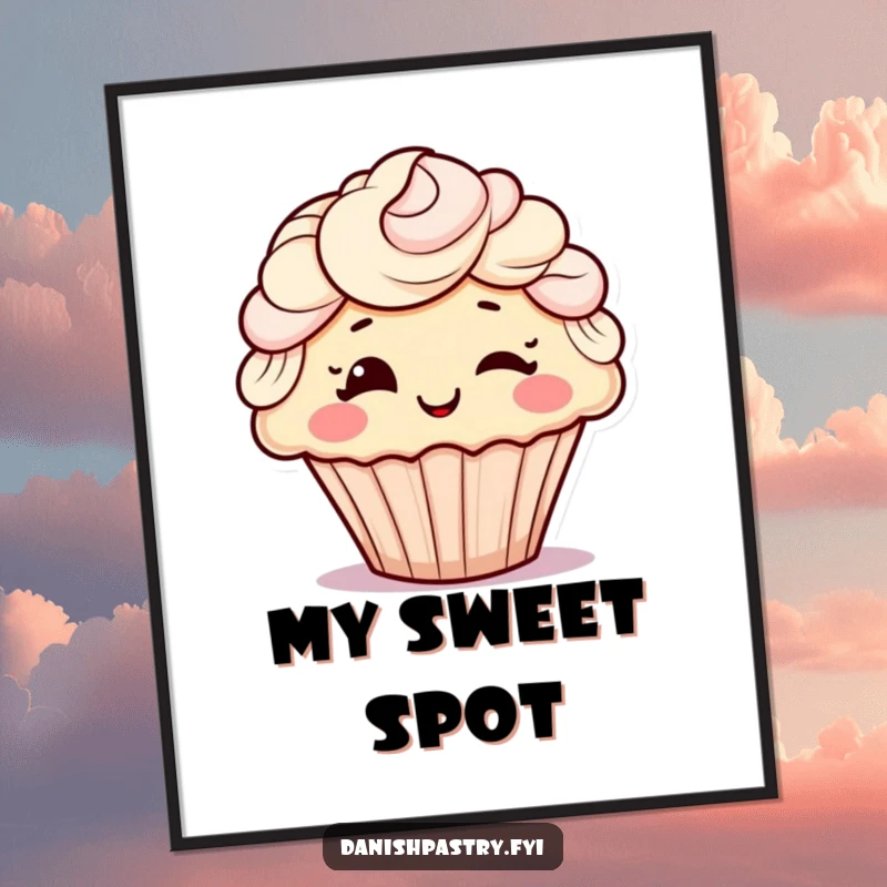 Funny digital art print of a cheerful cupcake with stylized frosting hair, giving a playful wink, ready for instant download.
