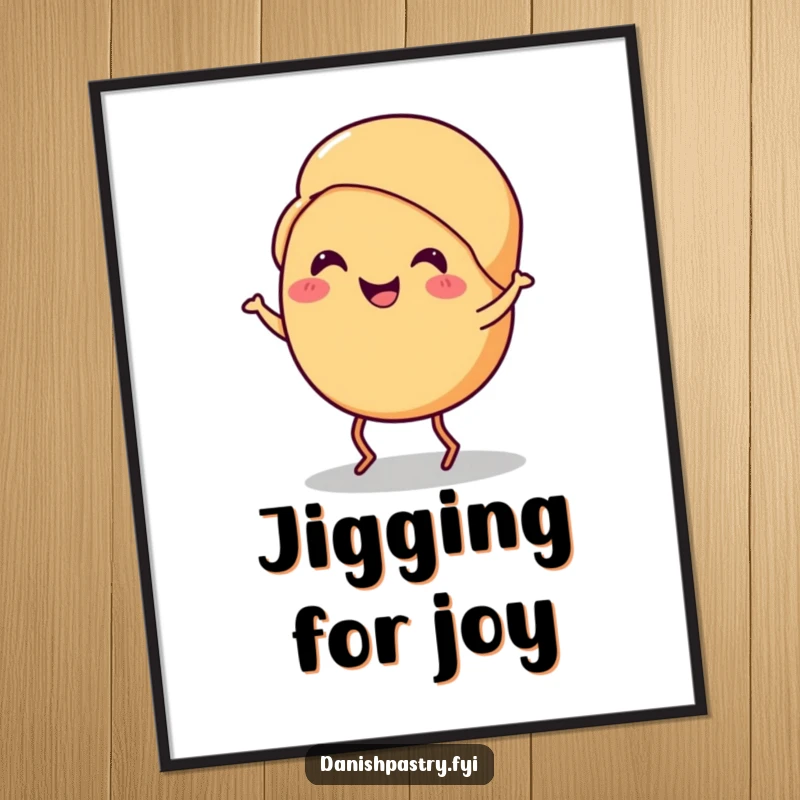 Funny croissant digital art print of a smiling croissant with tiny legs doing a cheerful jig, whimsical decor, great gift.