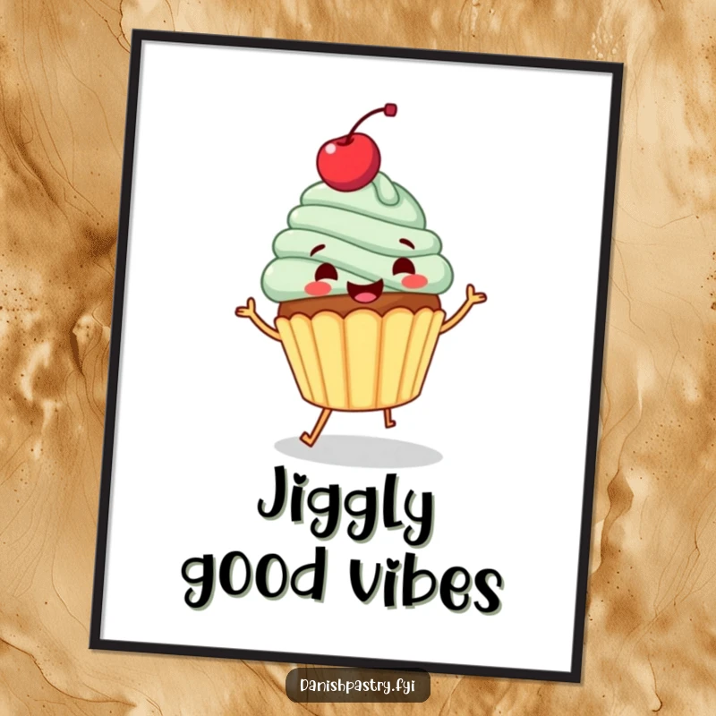 Funny digital art print of a gleeful cupcake with a cherry, doing a jig. Instant whimsical and sweet dessert art.