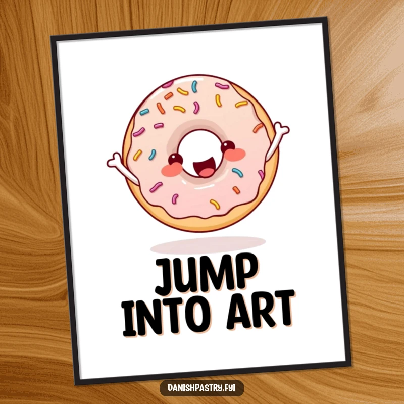 Funny donut with sprinkles skipping rope enthusiastically, a digital art print celebrating energy and joy.