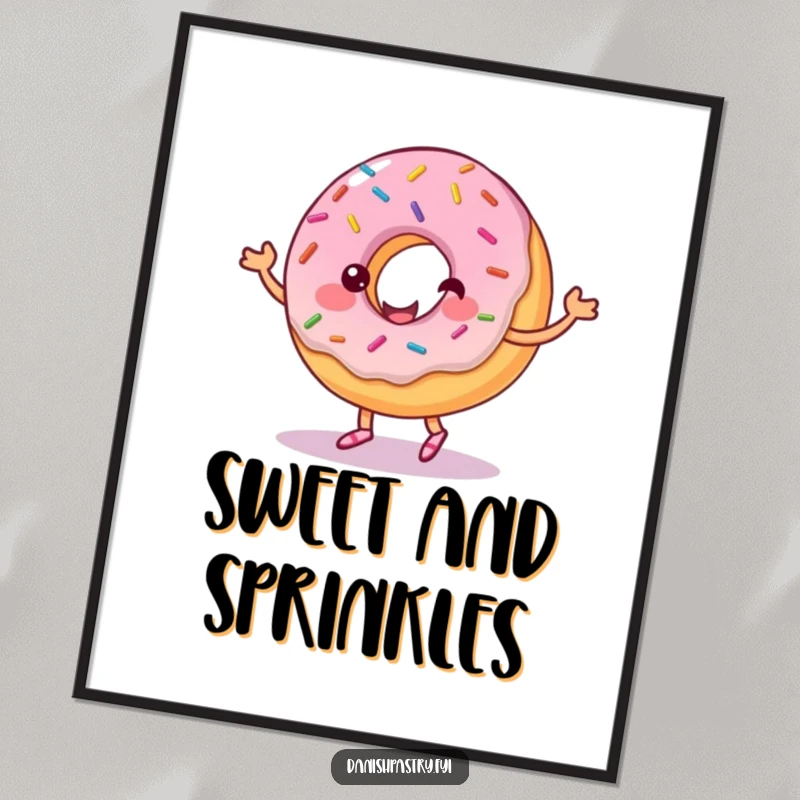 Funny digital art print of a cheerful donut with sprinkles, dancing with frosting. Instant whimsical and sweet food art.
